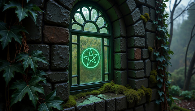 Gothic arch window adorned with ivy and glowing pentagram in misty forest