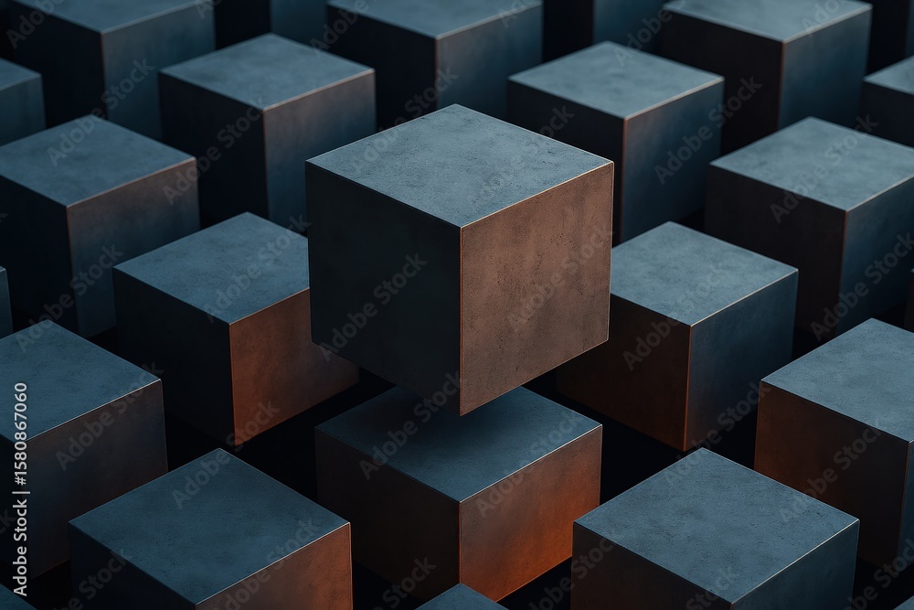 Fototapete array of dark cubes in a minimalist arrangement with one cube floating for emphasis and design eleme