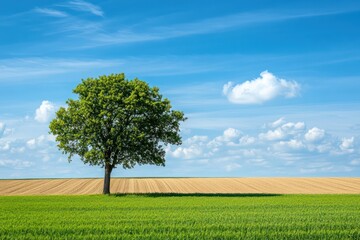 Lone Green Tree in Wide Farming Landscape