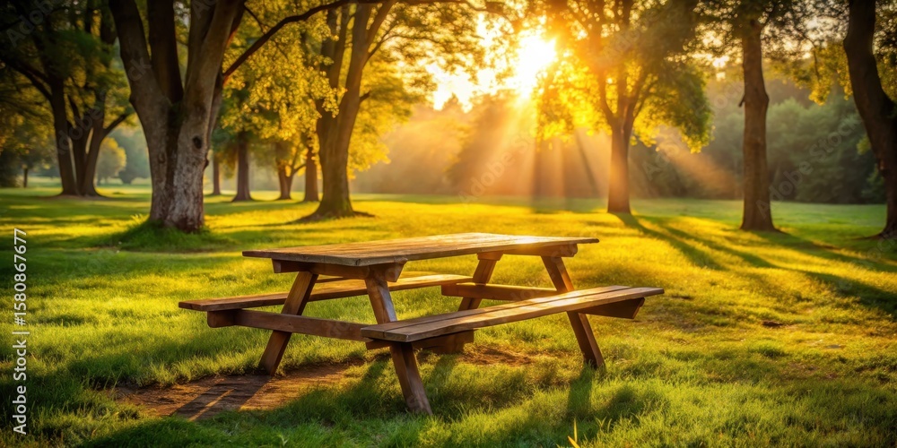 Poster golden hour picnic table in a tranquil park setting with sun rays filtering through the trees
