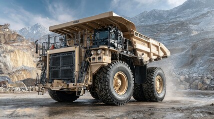 Obraz premium Large, beige mining truck on dirt road, mountains background