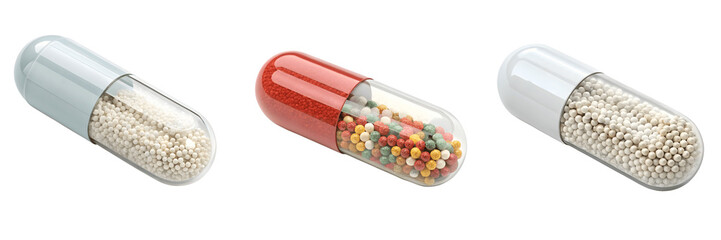 Set For different types of medicine capsules isolated on transparent background