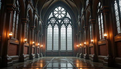 Gothic arch window with raindrops in a dimly lit interior space