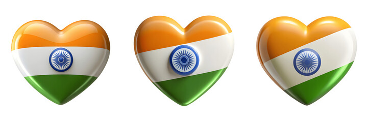 Set For heart shapes with the flag of india isolated on transparent background