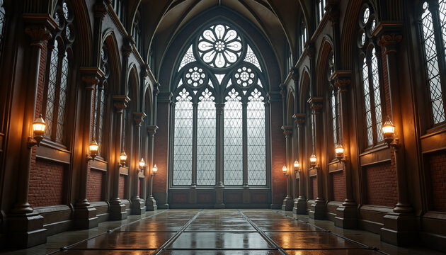 Gothic arch window with raindrops in a dimly lit interior space   - Powered by Adobe