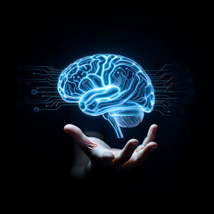 “Futuristic Glowing Brain Above Open Hand with Circuitry Patterns Representing Artificial Intelligence and Technological Support”
