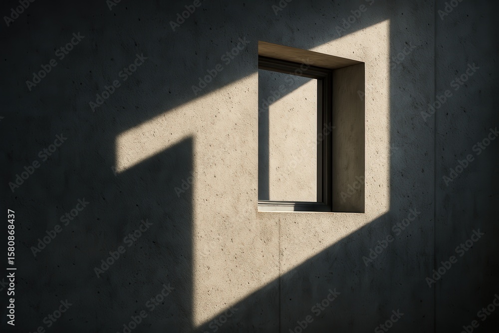 Poster sunlight streams through a window casting sharp shadows on a concrete wall, creating a play of light