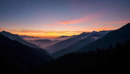 Fototapeta premium Layered mountains, Swiss valley, sunset, fog, Austrian Alps, hiking, camping, dark blue landscape, forest, vector background, camping, graphic