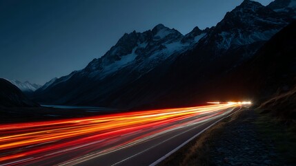 Road with Light Trails in Mountain Landscape