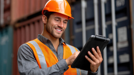 Construction worker wearing orange safety vest and helmet uses tablet at shipping container site