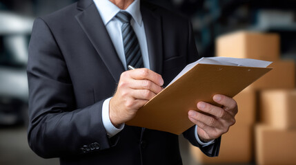 Businessman in suit writes on clipboard, focusing on logistics and inventory management