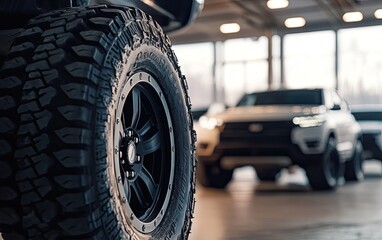 Close-up of a large, black off-road tire on a vehicle, with another vehicle blurred in the background inside a garage.