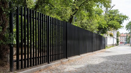A black vertical slat fence along a cobblestone pathway, framed by lush green trees and a bright sky.