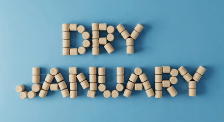 Dry January challenge. Creative stylized wine corks composition of word phrase spelling letters. New Year resolution. Alcohol-free month health awareness sobriety campaign, flat lay isolated on blue