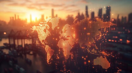 World map overlaid on a cityscape at sunrise