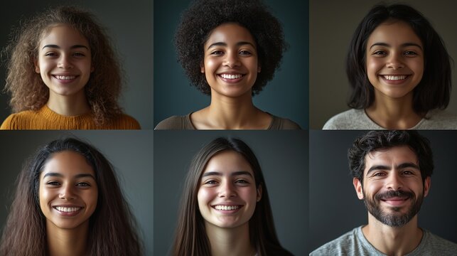 Diverse portrait close - up collection, showing cultural inclusion through smiles for humanistic advocacy