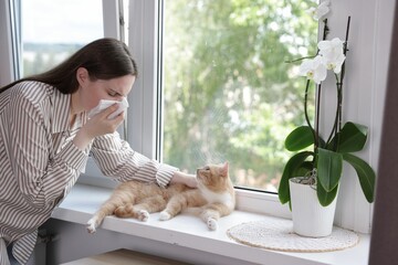 Woman suffering from allergy with her cat near window at home
