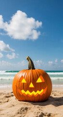 Tropical Halloween. Creepy orange Pumpkin Jack-o'-lantern close up on wavy beach sand. Jack o lantern for Halloween party, Sea green ocean waves, blue sky fluffy clouds, Autumn season. Copy space