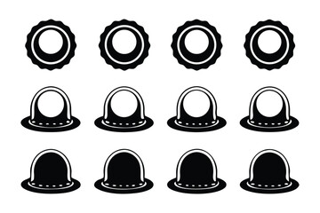 A collection of black and white graphic icons featuring stylized condoms in various stages of unrolling and bottle cap shapes