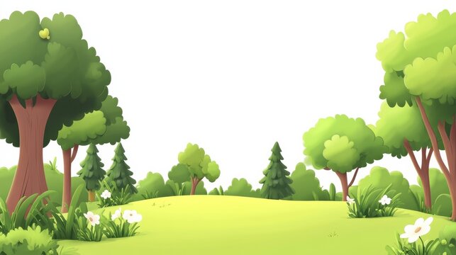 Green trees and grass on a rolling landscape under a blue sky with white clouds