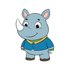 Adorable blue rhino wearing a blue jacket and yellow collar baby cartoon