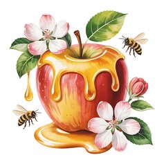 Red apple with dripping honey and bees image