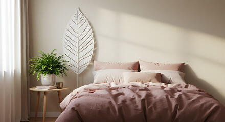 Serene Bedroom Interior Design with Pink Bedding and Wooden Leaf Decor