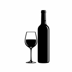 A black silhouette of a wine bottle and a wine glass filled with liquid displayed on a white background. Alcoholic beverage concept.