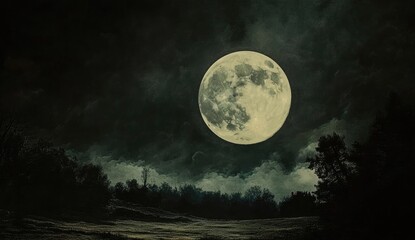 Full moon over a dark, cloudy forest