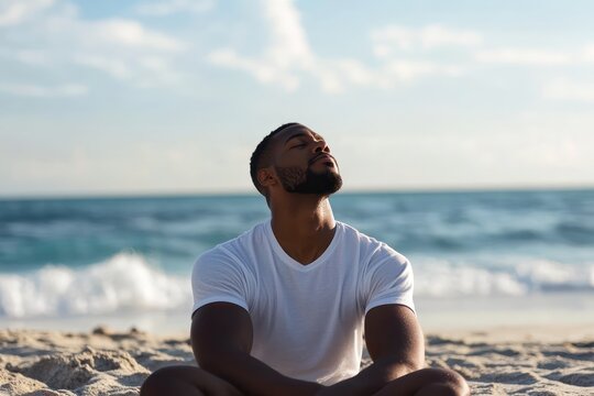 Man Relaxing and Stretching on Tranquil Beach