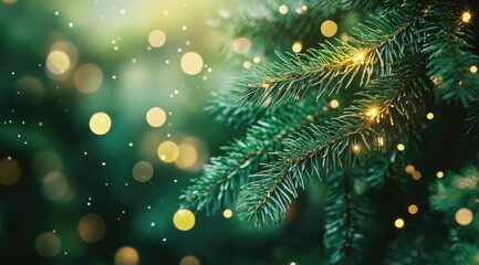 Golden Sparkling Lights Surrounding Lush Green Pine Branches