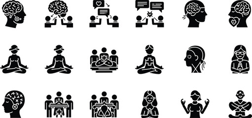 Psychology and mental health icon set. Vector glyph pictograms of brain, discussion, meditation, therapy, support group, therapy, mindfulness, emotional well-being black silhouette illustration