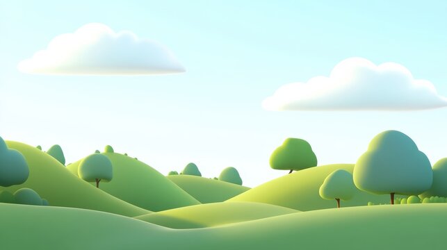 Rolling green hills under a vast blue sky with distant mountains and fluffy clouds