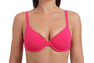 Woman wearing beautiful pink bra on white background, closeup