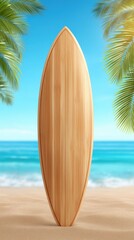 Wooden surfboard on sandy beach with palm leaves and ocean