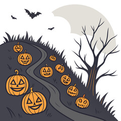 A winding path lined with carved jack o lanterns leads up a dark hill under a pale moon with silhouetted bats flying above a bare tree