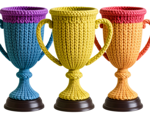 A set of three colorful handcrafted knitting trophy cup, isolated on transparent backgound