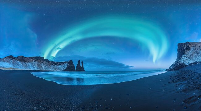 Northern Lights over a Black Sand Beach - Powered by Adobe