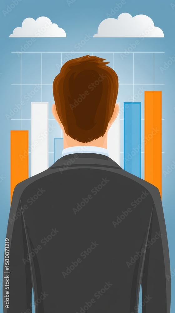 Poster businessman analyzing colorful bar chart with clouds in background