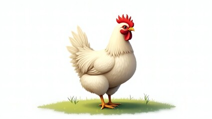 Fototapeta premium Realistic Chicken Standing on Grass with Detailed Feathers and Bright Red Comb – Side Profile on White Background, High-Resolution Farm Animal Illustration Perfect for Educational and Agricultural The