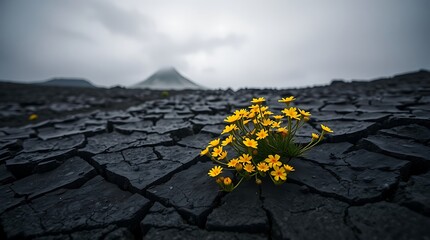 Yellow flowers growing in cracked earth with mountain in background under a cloudy sky landscape
