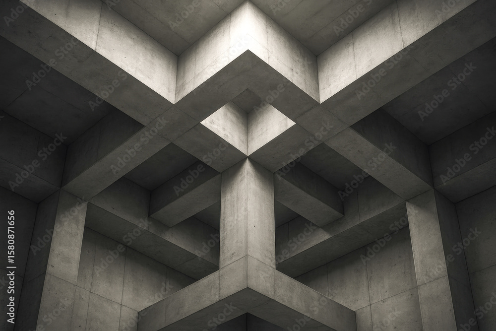 Poster concrete architecture showcases angular beams creating a geometric pattern with skylight illuminatio