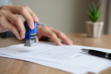 Close up of a person s hand holding a blue self inking rubber stamp over a document with a pen nearby on a wooden desk signifying approval or official action