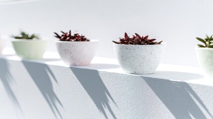Sunlit succulents in colorful pots on white wall