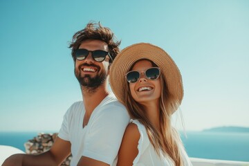 Happy couple enjoying summer vacation by the sea in sunglasses