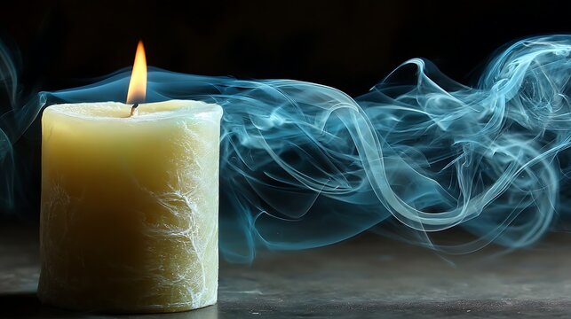 Candle with Flame and Smoke on Black Background