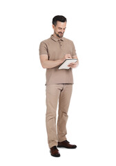 Professional psychologist with notebook on white background