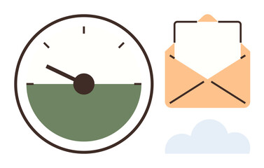 Analog timer with green progress, open mail envelope, and cloud. Ideal for time management, deadlines, communication, productivity, organization, efficiency email and simple flat metaphor