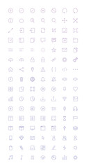 Collection of various outline style icons arranged in a grid pattern on a white background isolated on transparent background