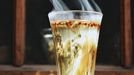 Steaming herbal tea, glass, wooden background, kitchen, healthy drink